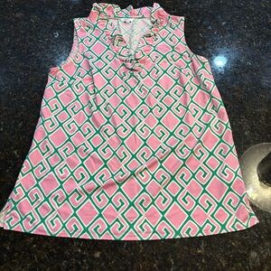 Crown & Ivy Women’s Sleeveless Blouse Green And Pink Split Neck Scallop Hem Sz M